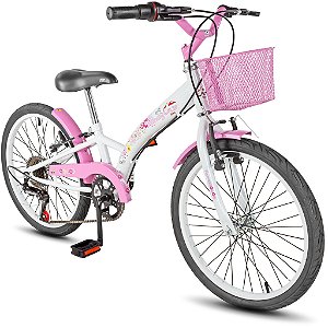 Bicicleta Feminina Infantil Aro 20 Dks Mindy C/Marcha Cesta - Branco/ Rosa