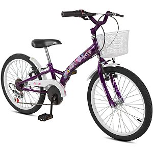 Bicicleta Feminina Infantil Aro 20 Dks Mindy C/Marcha Cesta - Roxo/ Branco