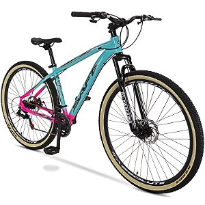 Bicicleta Mountain Bike Safe Aro 29 Nº One 21 Marchas Freio à Disco - Azul Tiffany + Rosa Chiclete