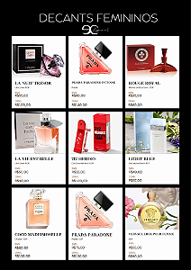 Tabela de Decants Femininos. Clique no link na descrição para finalizar a compra do decant