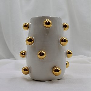 VASO NINA BRANCO COM BOLOTAS OURO AMARELO