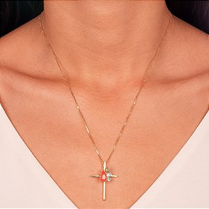 Colar Cruz Dourado com Pedras Laranja e Verdes