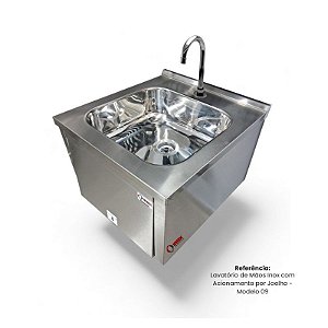 Lavatório de Mãos Inox com Acionamento por Coxa ou Joelho - Modelo 09 - Inox 304 - 45x50x30 cm