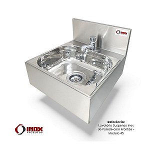Lavatório Suspenso Inox de Parede com Frontão - Modelo 45 - Inox 304 - 25x34x34 cm