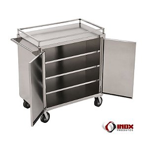 Carrinho 17 - Carrinho Inox Fechado Para Transporte De Alimentos - Com 3 prateleiras internas e Rodízios Pneumáticos