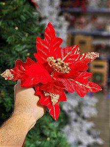FLOR POINSETIA DECORATIVA VERMELHO E DOURADO 27CM