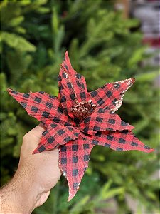 FLOR POINSETIA DECORATIVA XADREZ 25CM