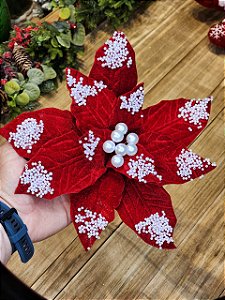 FLOR BICO DE PAPAGAIO AVELUDADO VERMELHO COM PEROLA - 29CM
