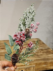 GALHO BERRY VERMELHO NEVADO COM PINHA 40CM