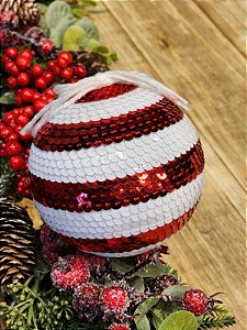 Jogo 2 Bolas Decorada Tecido Vermelho e Branco 10cm Natal