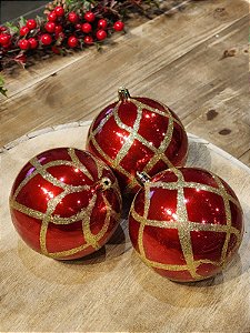BOLA DECORADA VERMELHA E DOURADA 10CM - C/3