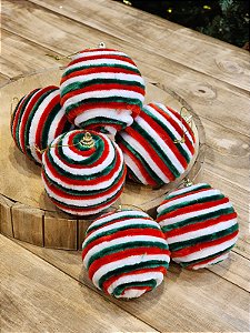 BOLA DECORADA LISTRADA VERMELHO, BRANCO E VERDE 8CM COM 6 UNIDS