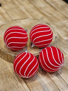 BOLA DECORADA VERMELHA E BRANCA - 10CM - C/4