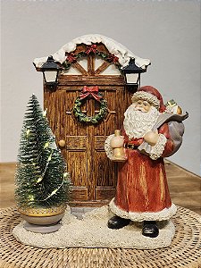 PAPAI NOEL A PORTA EM RESINA COM LUZ