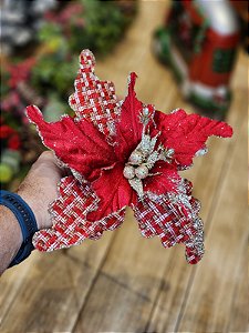 FLOR POINSÉTIA XADREZ VERMELHA E DOURADA 25CM