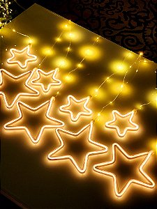 PISCA CASCATA 9 ESTRELAS DE NEON COM 160 LEDS WARM BIVOLT COM EMENDA E 8 FUNÇÕES