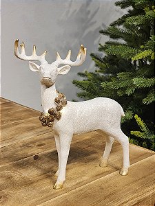 RENA EM PÉ BRANCA COM COLAR DE PINHAS COM LED 30CM