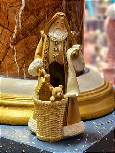 PAPAI NOEL COM CESTO DE BRINQUEDOS EM RESINA 28CM