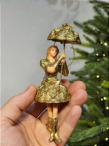 PENDENTE DECORATIVO MENINA EM RESINA VERDE E DOURADO