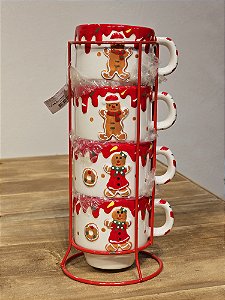 KIT COM 4 XÍCARAS GINGERBREAD E SUPORTE