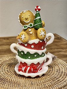 BONECO GINGERBREAD NA XÍCARA EM RESINA 18CM