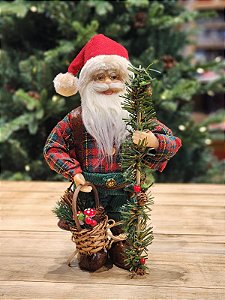 PAPAI NOEL EM PÉ XADREZ VERDE E VERMELHO 30CM