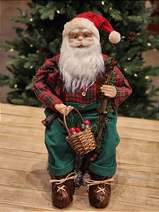 PAPAI NOEL SENTADO XADREZ VERDE E VERMELHO 60CM