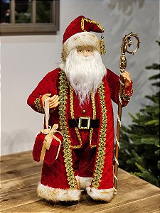 PAPAI NOEL EM PÉ VELUDO VERMELHO COM CAJADO 60CM