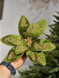 FLOR BICO DE PAPAGAIO AVELUDADO VERDE COM DOURADO 27CM