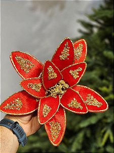 FLOR BICO DE PAPAGAIO AVELUDADO VERMELHO E DOURADO 27CM