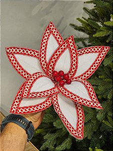 FLOR BICO DE PAPAGAIO BRANCO E VERMELHO BORDADO 28CM
