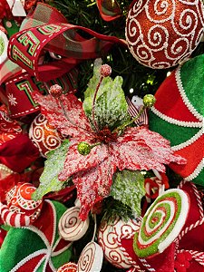 FLOR BICO DE PAPAGAIO VERMELHO E VERDE NEVADO 29CM