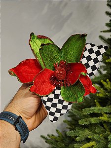 FLOR BICO DE PAPAGAIO VERMELHO E VERDE COM XADREZ 22CM