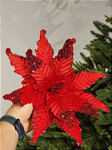 FLOR BICO DE PAPAGAIO AVELUDADO VERMELHO COM GLITTER 32CM