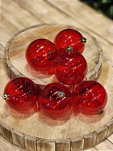 BOLA DECORADA VERMELHO TRANSLÚCIDA 8CM COM 6 UNIDADES - PRÉ VENDA 2026