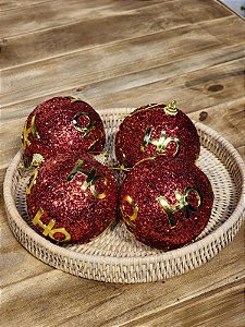 BOLA DECORADA HO VERMELHO E OURO 10CM COM 4 UNID