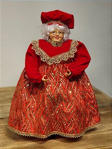 MAMÃE NOEL EM PÉ VERMELHO E DOURADO SUPER LUXO 45CM