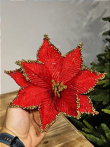 FLOR BICO DE PAPAGAIO VERMELHO COM BOLINHAS OURO 25CM