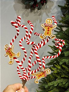 GALHO DECORATIVO CANDY CANNE GINGERBREAD VERMELHO E BRANCO 55CM