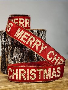 FITA ARAMADA LINHO C/ GLITTER VERMELHO E DOURADO MERRY CHRISTMAS