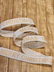 FITA ARAMADA LINHO C/ GLITTER CREME, BEGE E DOURADO MERRY CHRISTMAS