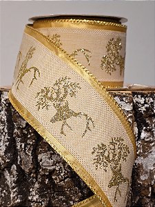 FITA ARAMADA LINHO CETIM RENAS BRANCO E DOURADO