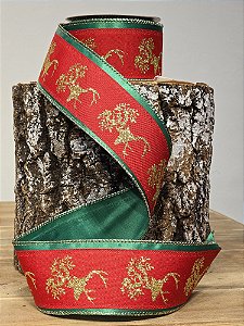 FITA ARAMADA LINHO CETIM RENAS VERMELHO E VERDE