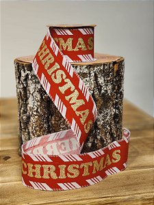 FITA ARAMADA LINHO COM COSTURA VERMELHO E DOURADO MERRY CHRISTMAS