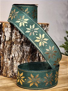 FITA ARAMADA LINHO VERDE E DOURADO FLOCO DE NEVE