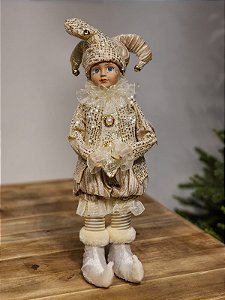 BONECO PIERROT EM PÉ A CORDA CHAMPANHE 45CM