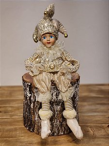 BONECO PIERROT SENTADO A CORDA CHAMPANHE 42,5CM