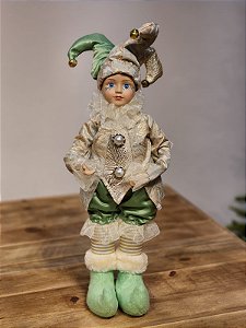 BONECO PIERROT EM PÉ C/ MÚSICA VERDE E CHAMPANHE 45CM