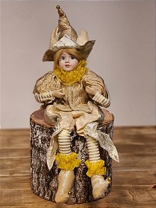 BONECO PIERROT SENTADO A CORDA CHAMPANHE COM DOURADO 42,5CM