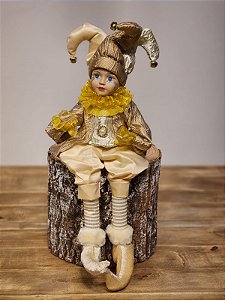 BONECO PIERROT SENTADO ACORDA CHAMPANHE COM DOURADO 42,5CM